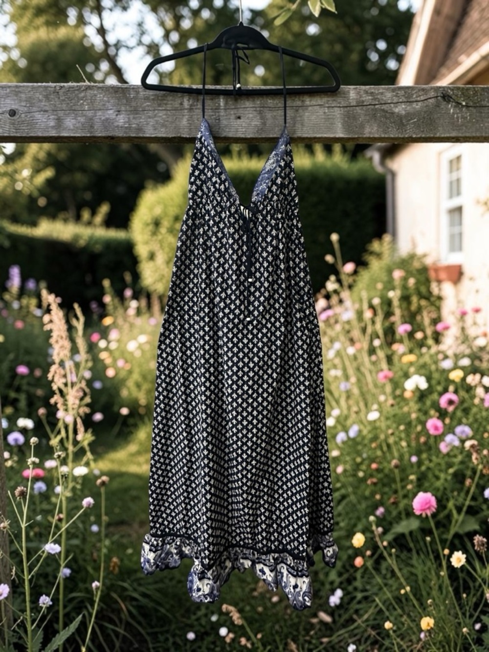 Angie Cotton Halter Midi Dress. Blue/White Fleur De Lis Print . Size: Medium